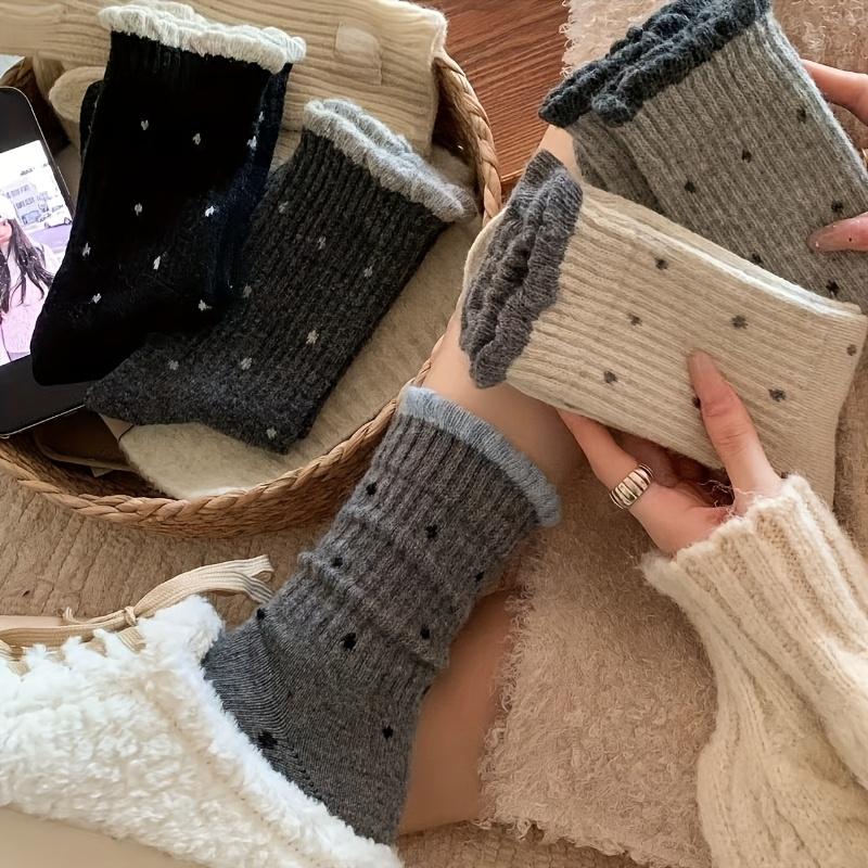 5/10 double polka dot mid-calf socks, soft and warm socks, polka dot versatile lace socks, all-season socks