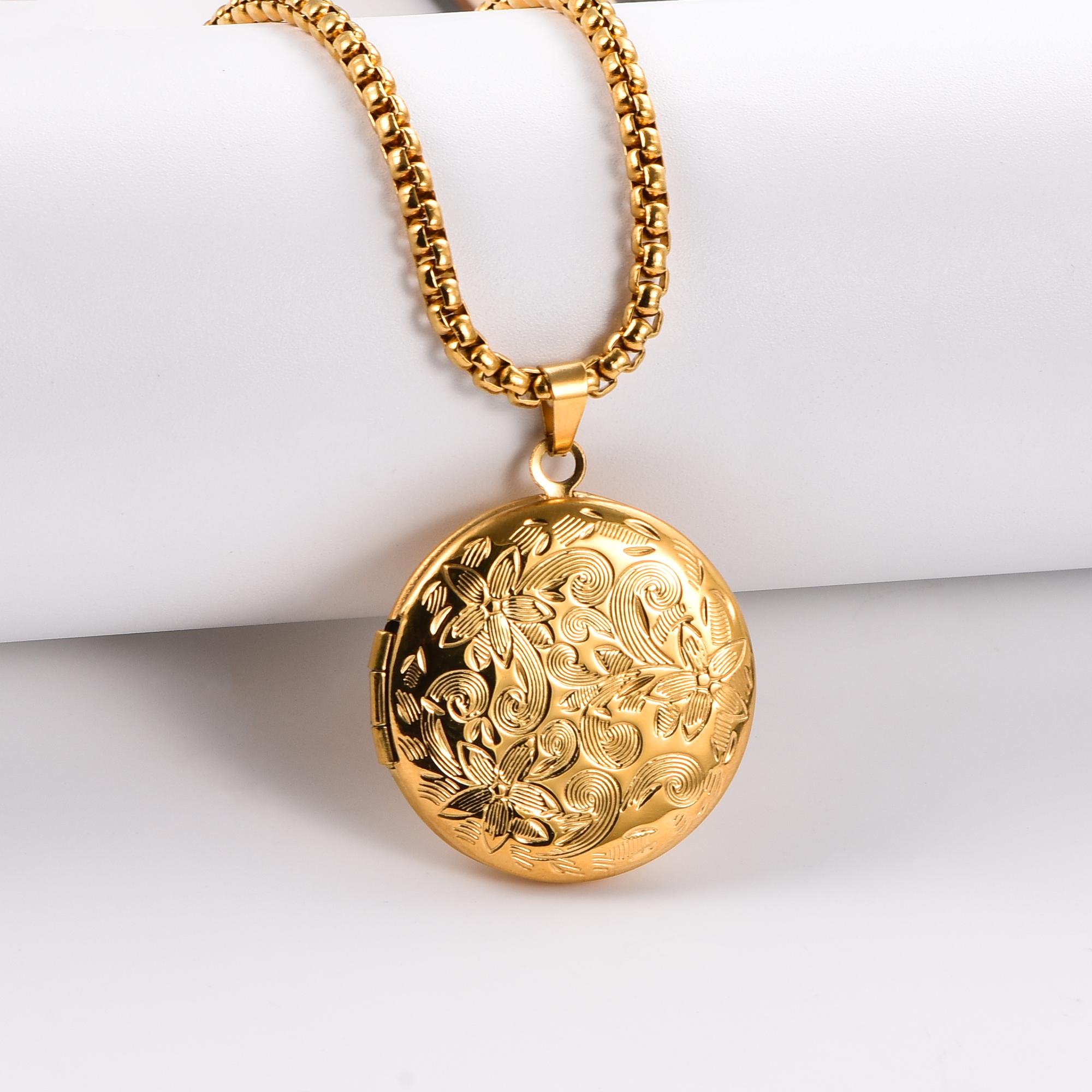 

Stainless Steel Engrave Round Circle Locket Pendant Necklace Pictures Locket Jewelry Party Gift Silver/Gold color 50cm Box chain