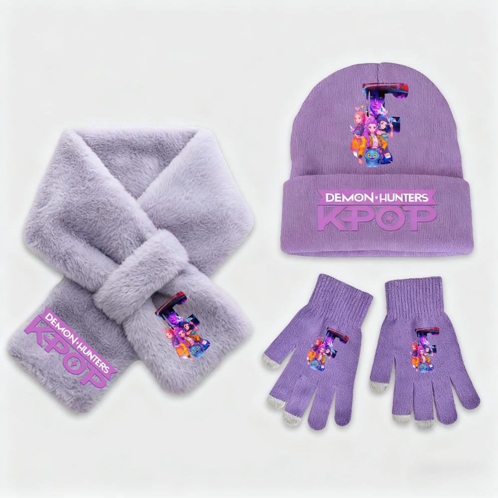 3Pcs KPop Demon Hunters Collection Fashion Kids' Clothing Designed for Girls - Warm Knit Hat Scarf Plus Gloves - Cold Season Casual Birth Date
