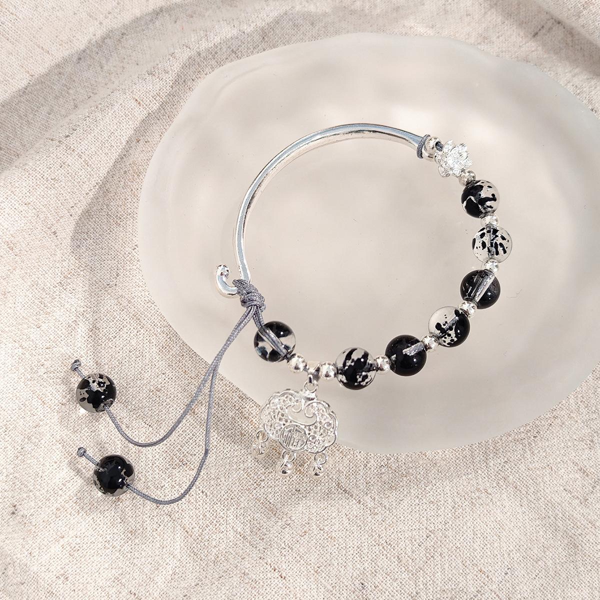 Guochao Color Beaded Safety Lock Bracelet, Light Luxury Niche Design Half Bracelet Fringed Temperament Bracelet