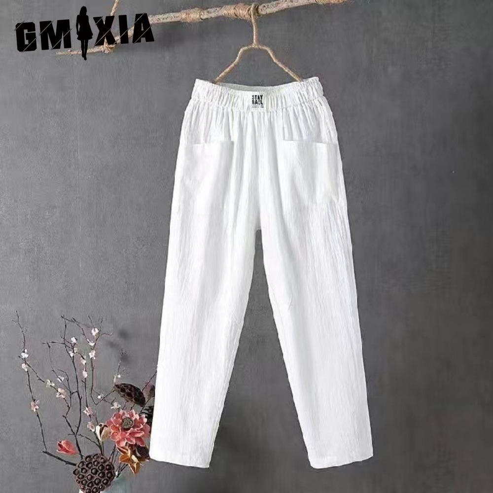 

GMXIA Летние женские брюки Повседневные хлопково-льняные брюки Свободные прямые брюки Брюки гаремы длиной девять точек L белый