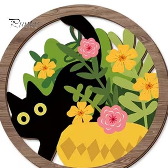 Regalos para Amantes de los Gatos 4 Piezas Arte de Pared Boho Negro, Cartel de Madera Colgante Floral de Granja, Arte Inspirado en la Naturaleza Botánica Decoración de Gatito, Cartel de Madera de Hojas