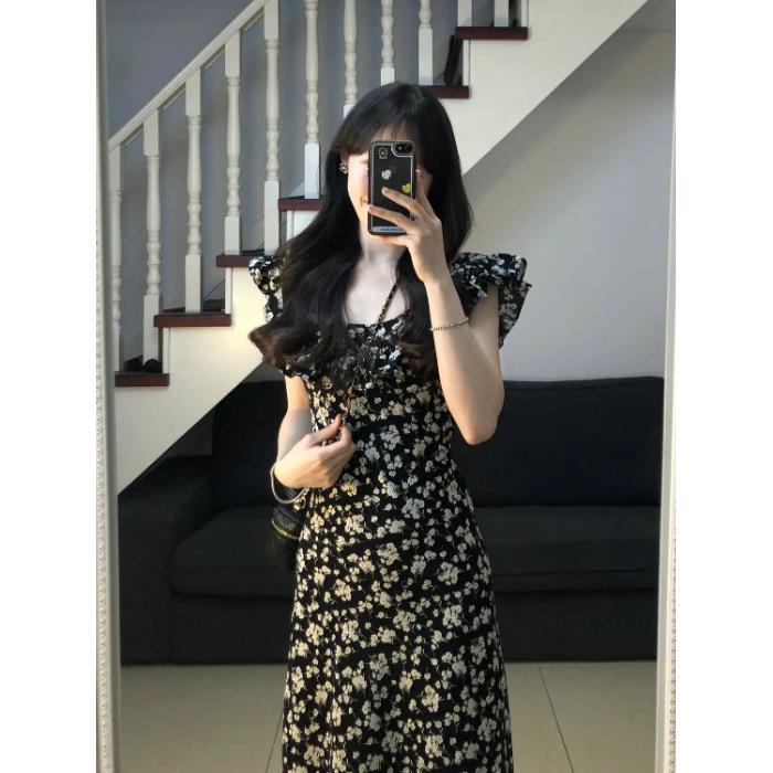 2025 Summer French Black Floral Waist-Slimming Long Dress for Women