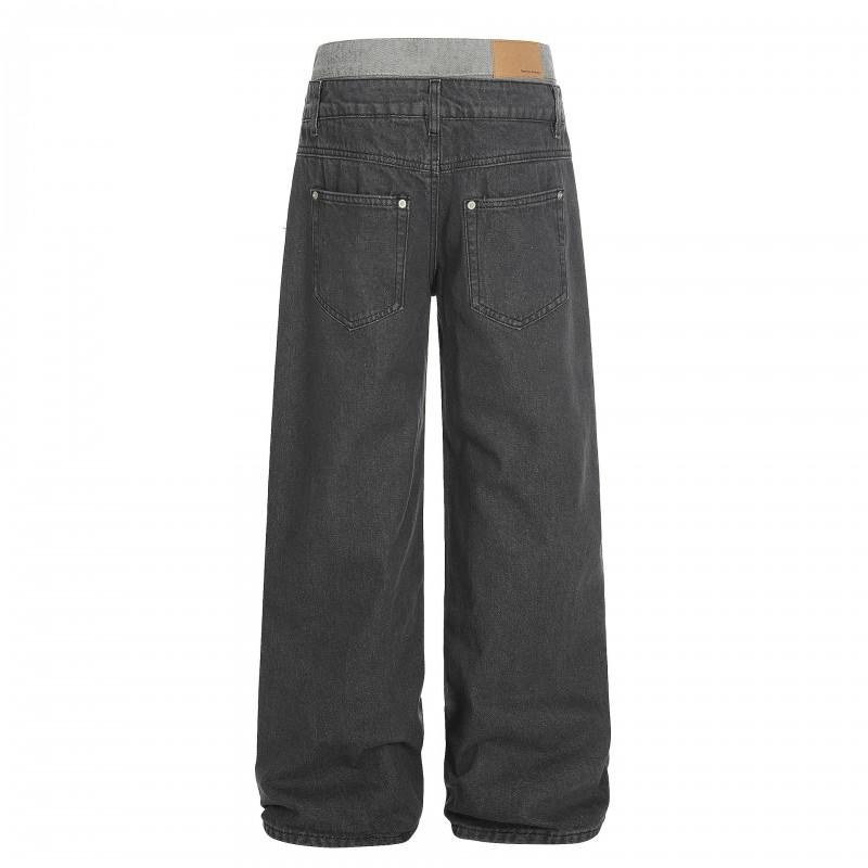 Unisex Streetwear Denim Pants With Dual Waistband Design Loose Fit Straight Leg Jeans Men Women