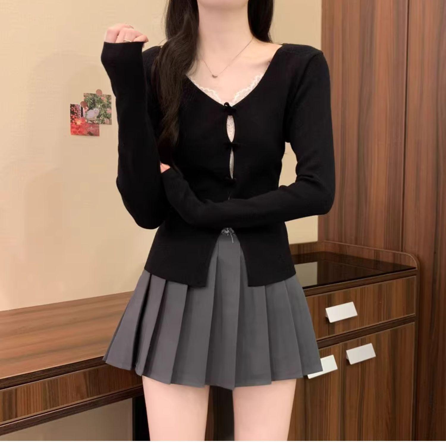 

Ажурный трикотаж с бантом: Приталенный топ с длинным рукавом для женщин - Осенне-зимний стиль One Size чёрный