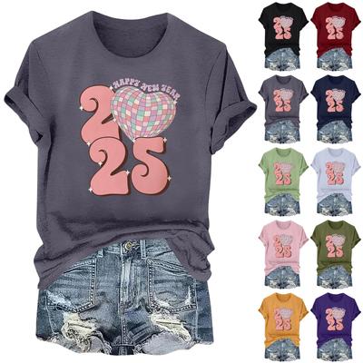 Women's Long Sleeve Round Neck T-Shirts 2025 New Year Print Puff Sleeve Shirts Button Blouses Tops