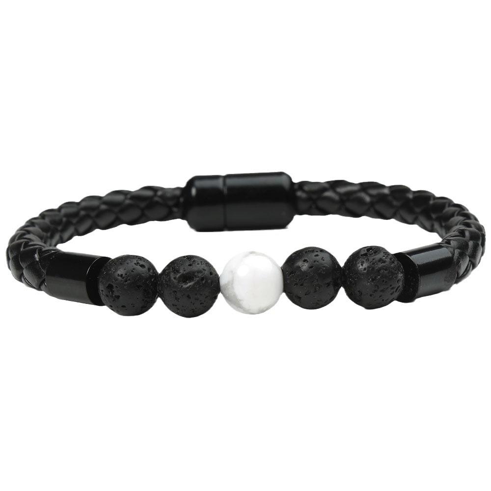 New Men's European American Style Stone Beaded Leather Bracelet with Magnetic Buckle