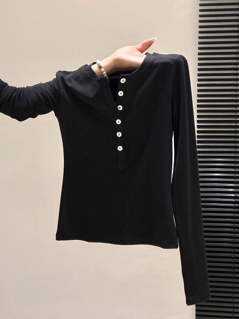 Women's BM-Style Button-Up Henley Long-Sleeve T-Shirt, Slim-Fit Stretchy Top with Imitation Cashmere Lining for Autumn/Winter/Spring