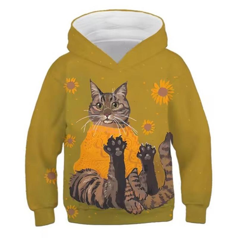 Hoodies Cute Kitten Flowers Print Girls Sweatshirt Stretch Comfortable Fit Long Sleeve Autumn Winter Pullover Tops Youth Kids