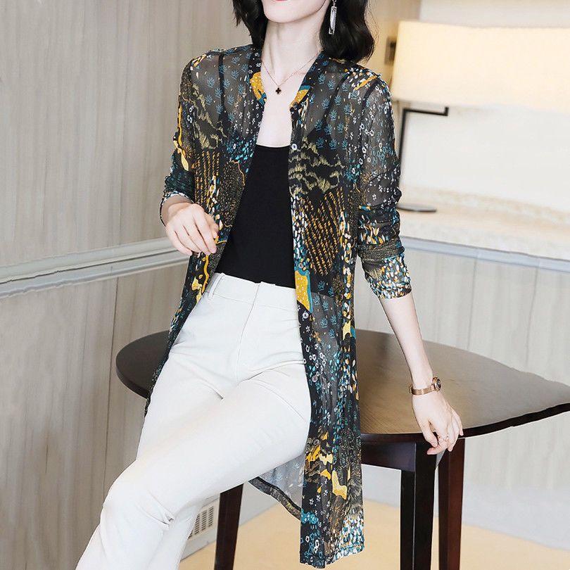 Sunscreen Clothes for Women Wearing Summer Thin Jackets Elegant Mesh Printed Shirts Plus Size Cardigans