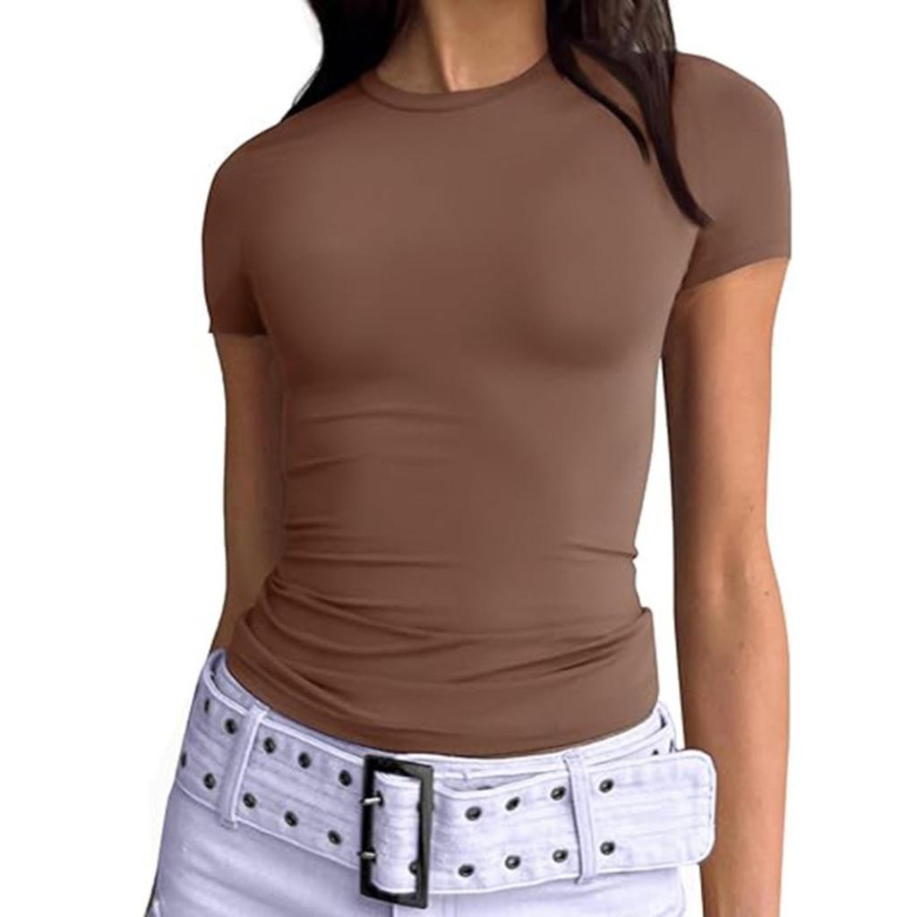 Sommer Damen Slim Fit Rundhals Milchseide T-Shirt, Y2K Mode Lässiges Crop Top für Damen