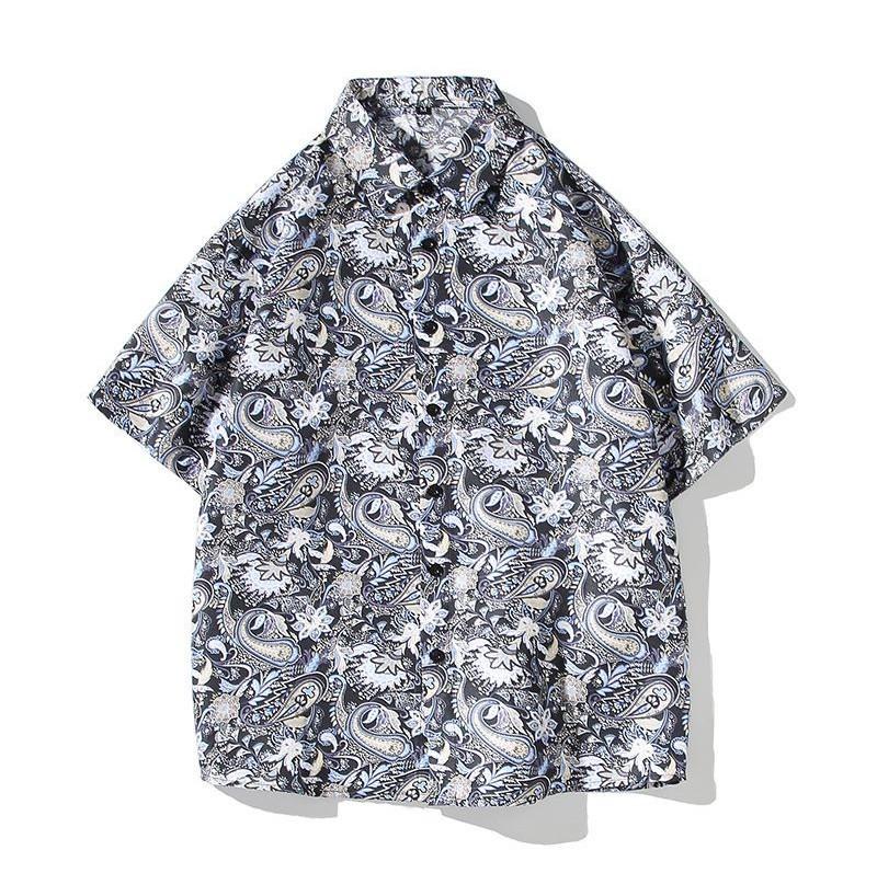 Mens Vintage Floral Print Short Sleeve Casual Loose Fashion Shirt M