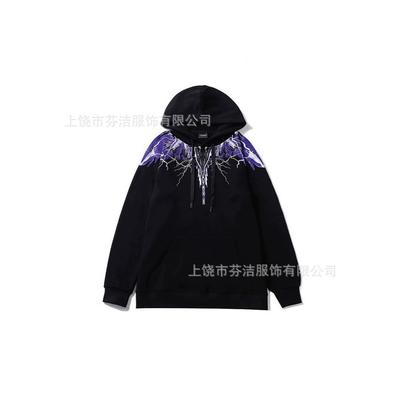 American Street Lightning Wing Print Jacket Men's and Women's Autumn and Winter Black Loose Shoulder Heavy Trendy Hooded Top