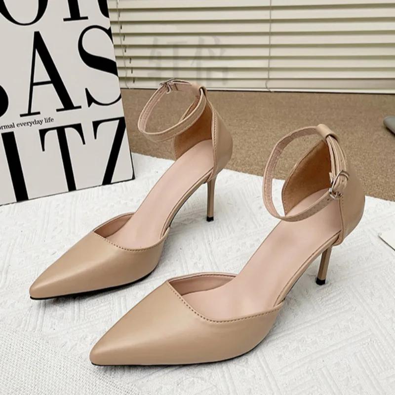 

Fashion Fashion Stiletto Sandals Spring New Pointed Head Shallow Mouth Metal Buckle A Word with Anti-slip Wear-resistant High Heels 35