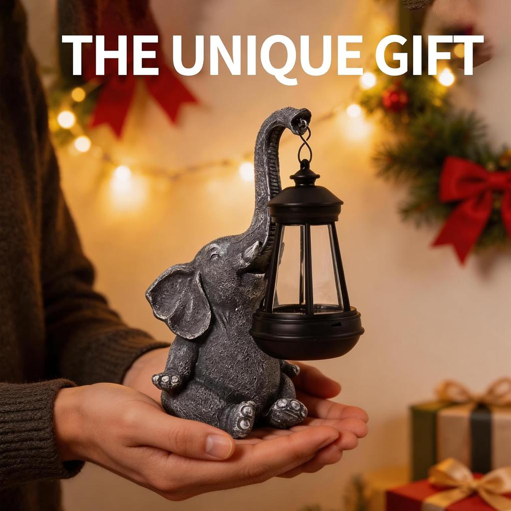 Solar Elephant Statue Outdoor Garden Decor - 10" Resin Elephant Figurine with Hanging Solar Lantern, Waterproof Patio Yard Art, Lucky Elephant Gifts