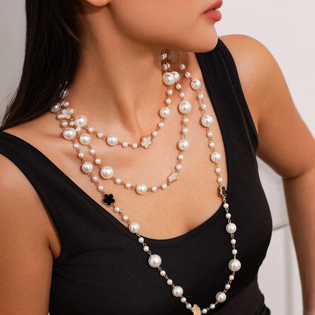 Internet Celebrity Style Woman Choker Neck Jewelry Pearl Women's Chain Aesthetic Necklaces Long Ball Stainless Steel Personality