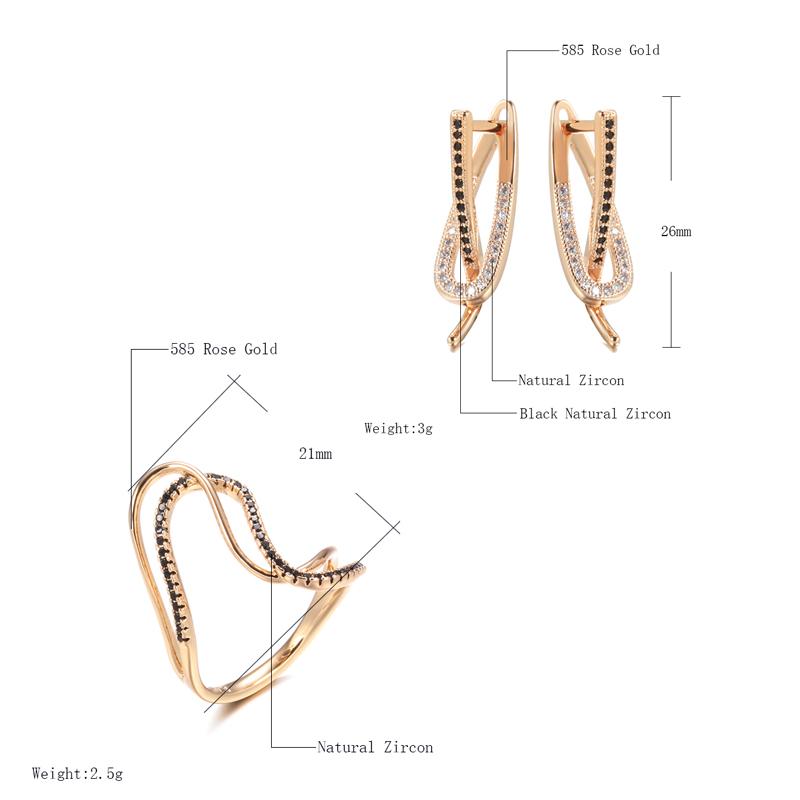 Rose Gold Earring Ring Sets For Women Micro Paved Black Natural Zircon Twist Finger Ring Bride Wedding Jewelry Set