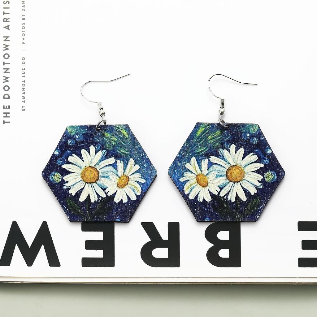 Eco-Friendly Wooden Earrings, Personalized Geometric Hexagonal Chrysanthemum Earrings