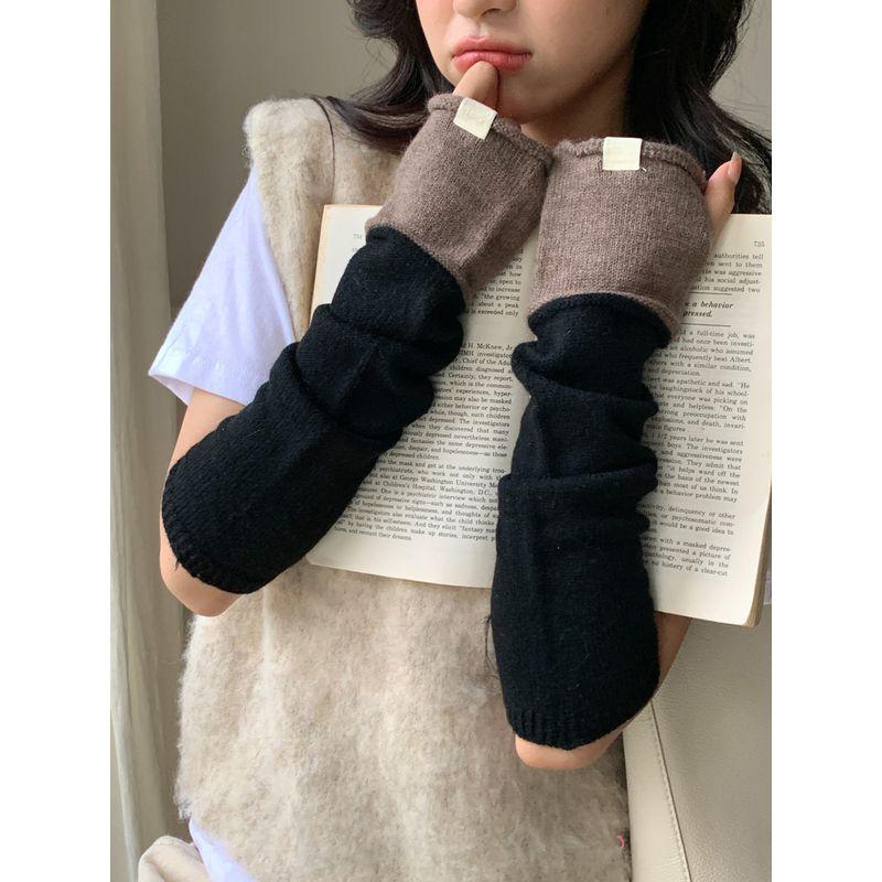

Idle Style Retro Color Matching Pile Style Sleeve Women Autumn and Winter Warm Arm Guard Cold-Proof Long Gloves Angora Knitted Oversleeves Black