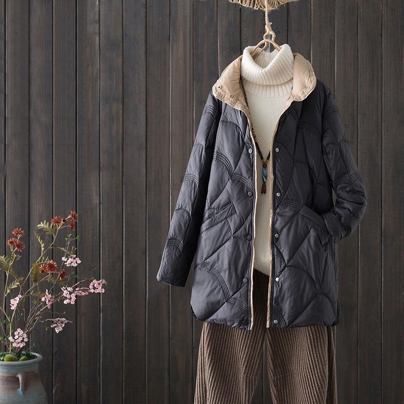 Women's Mid-Length Retro Chic Lightweight Down Jacket - Auspicious Clouds Stand Collar Design