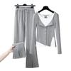 Women's Suit Spring and Autumn Gray Fake Two-piece Blouse, Bottoming Shirt, Split Wide-leg Casual Pants, Three-piece Suit for Women