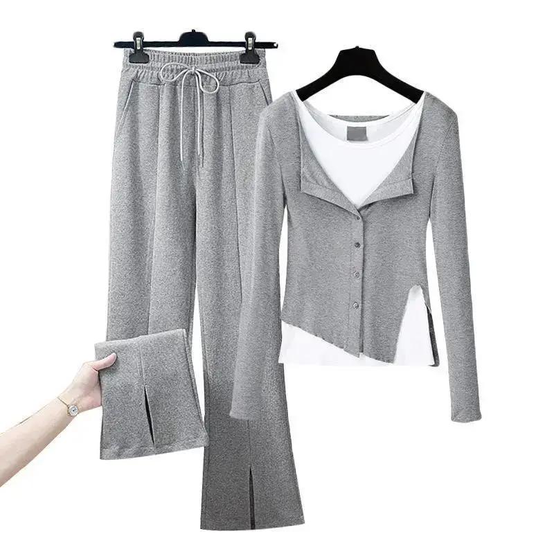 Women's Suit Spring and Autumn Gray Fake Two-piece Blouse, Bottoming Shirt, Split Wide-leg Casual Pants, Three-piece Suit for Women