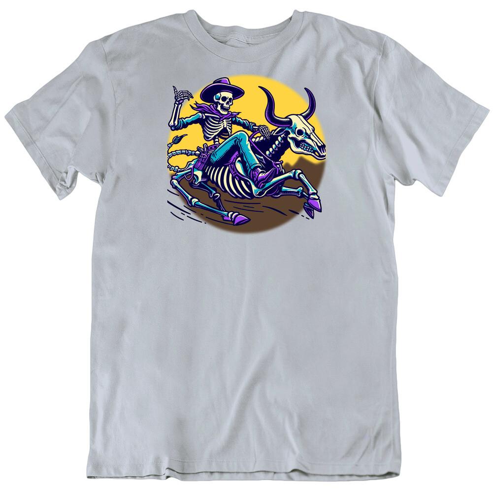 Skeleton Cowboy Riding Skeleton Bull Fantasy Western T Shirt S