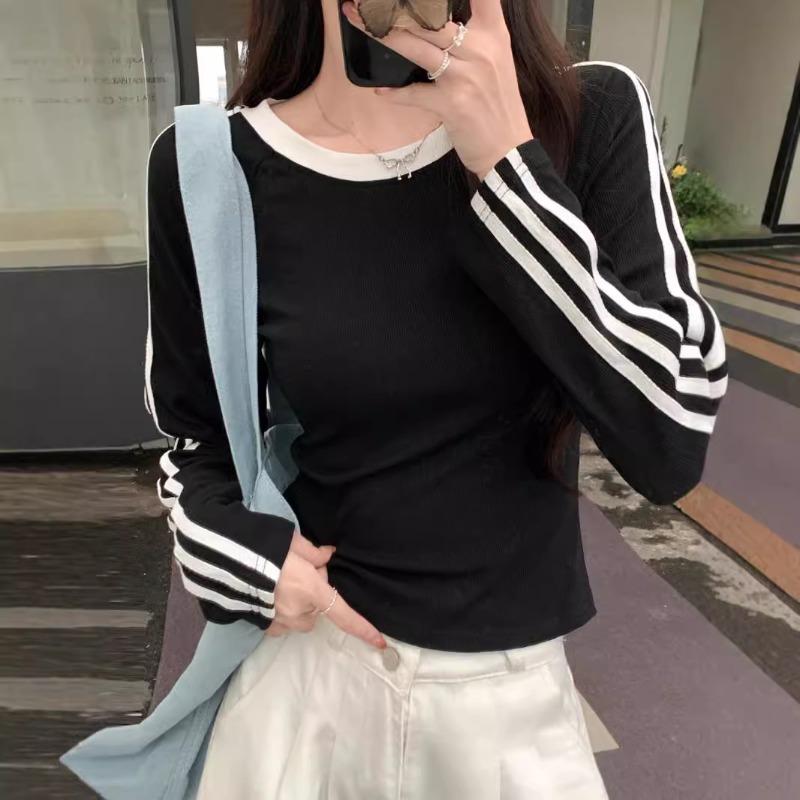 Real shot striped long-sleeved T-shirt for women's early autumn slim-fitting and thin inside with short bottoming shirt