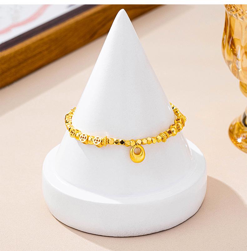 Vietnamese Gold Fortune Coin Bracelet - Ethnic Style, Long-Lasting Color Retention, Women’s Retro Clubbing Jewelry with Round Beads