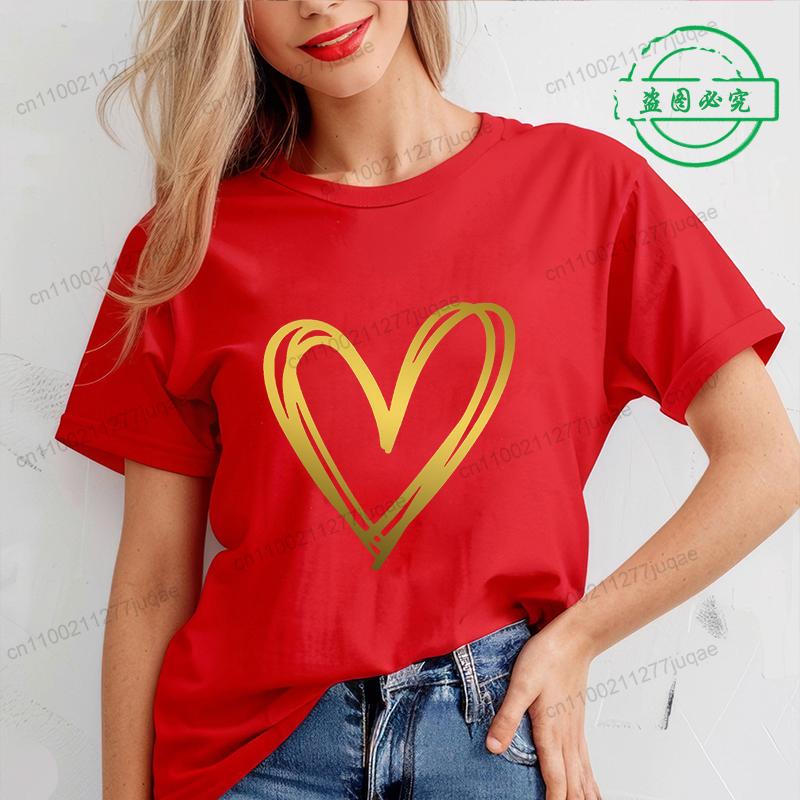 Valentine Heart Printed T Shirt for Women Leopard Heart T-shirt Girl Short Sleeve Crew Neck Casual Top for Summer Women Clothing
