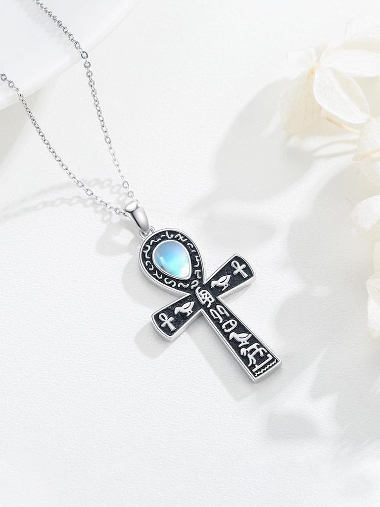 Necklace for Ankh Silver Ancient Resurrection of the Carved Cross Spiritual White Christmas [StoryMidir] Women, Cross, Moonstone, 925, Egyptian, Dead,