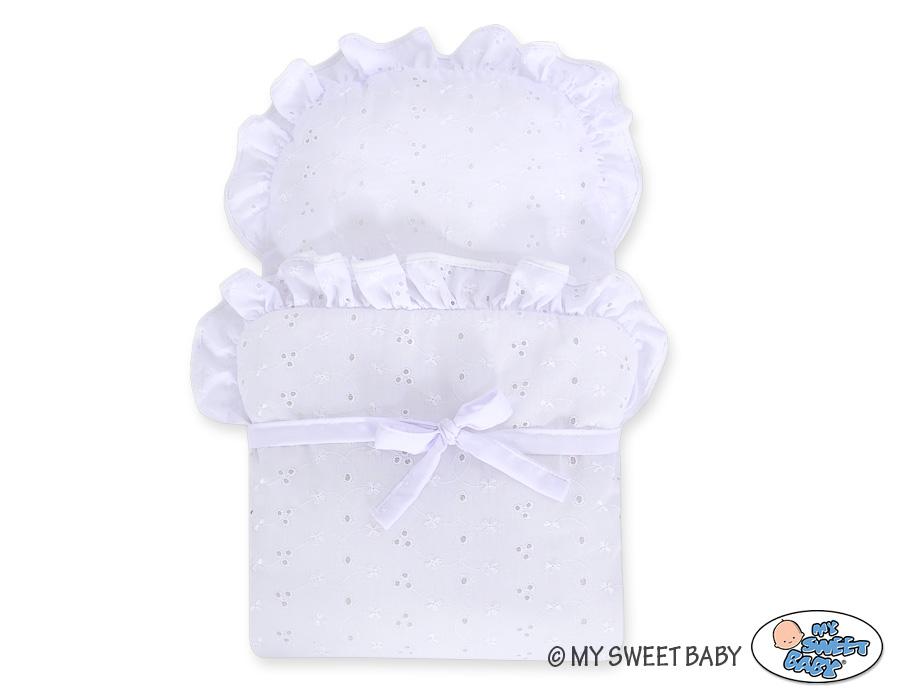 Wicker Doll Stroller with White Embroidered Bedding - Natural