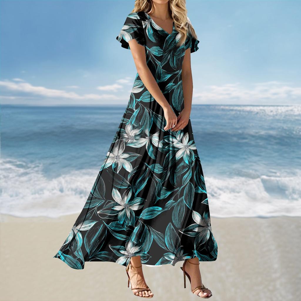 Vestido Feminino Casual Soltinho de Manga Curta com Decote V e Cintura Alta Estampado