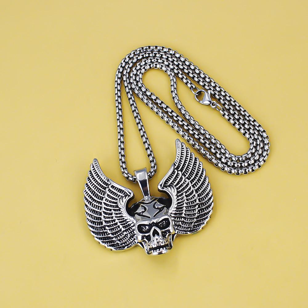 Hip Hop Vintage Wings Skull Pendant Necklace For Women Men Retro Copper Color Stainless Steel Box Chain Neck Rock Jewelry Gifts