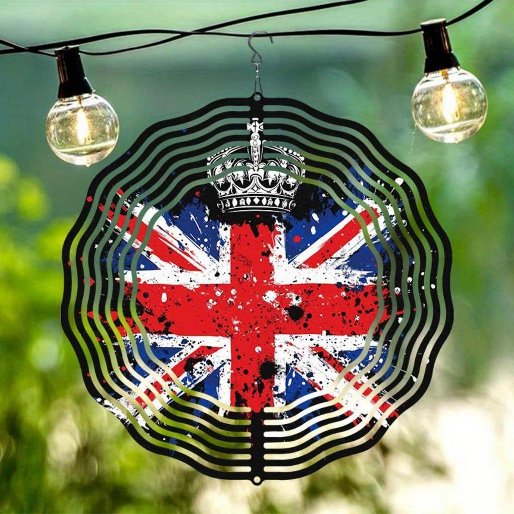 Metal Art Windmill Outdoor Decor British Flag Crown Pattern Wind Spinner 3D Dynamic Garden Art High Quality Sublimated Windmill for Home Yard