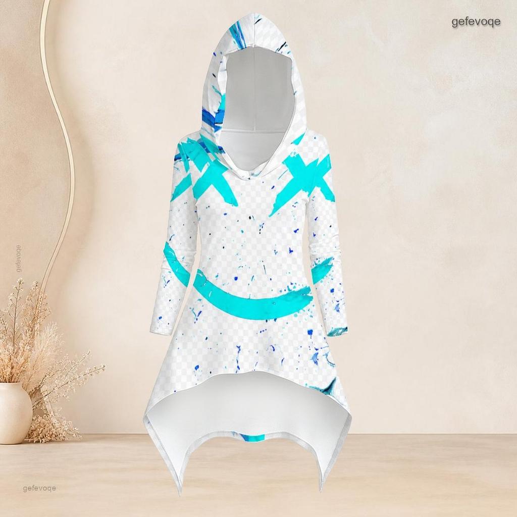 Women Plus Size Hooded Long Sleeve Blue Brown Printed High Low Top Fitted Pants Two Piece Set