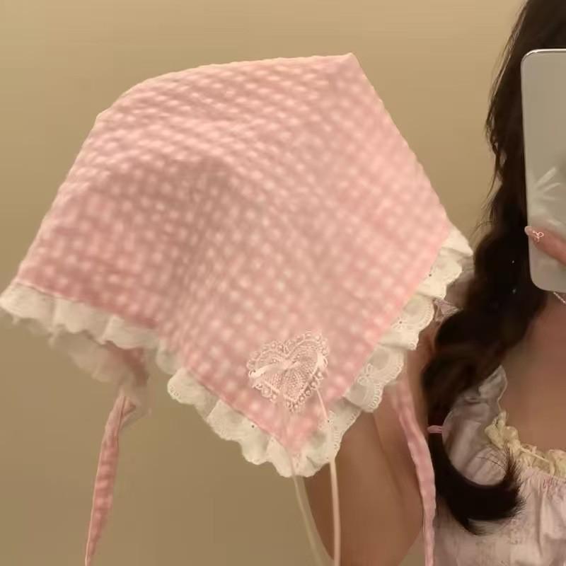 2025 Pastoral Style Lace Triangle Scarf & Plaid Ribbon Hairband