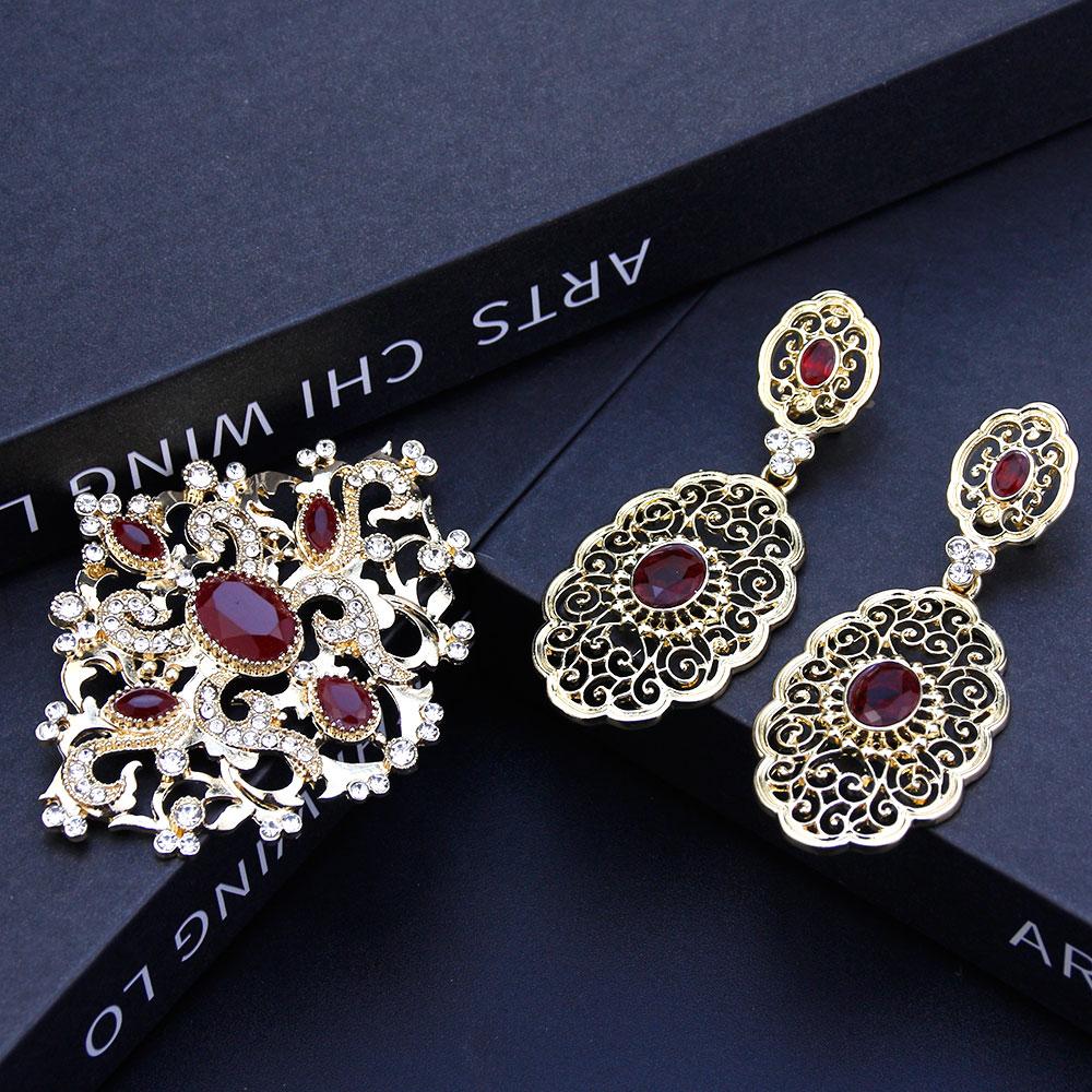 Gold Farbe Frauen Brosche Ohrring Braut Hochzeit Schmuck Set Brosche Pin Hohl Tropfen Ohrring