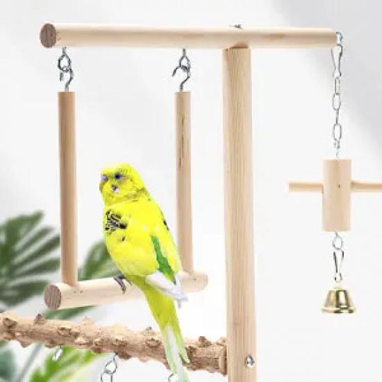 Bird Playground Parrot Playstand Bird Perch Stand Gym Natural Wood Play Stand with Swing Ladder Feeder Cups for Parakeets Cockat
