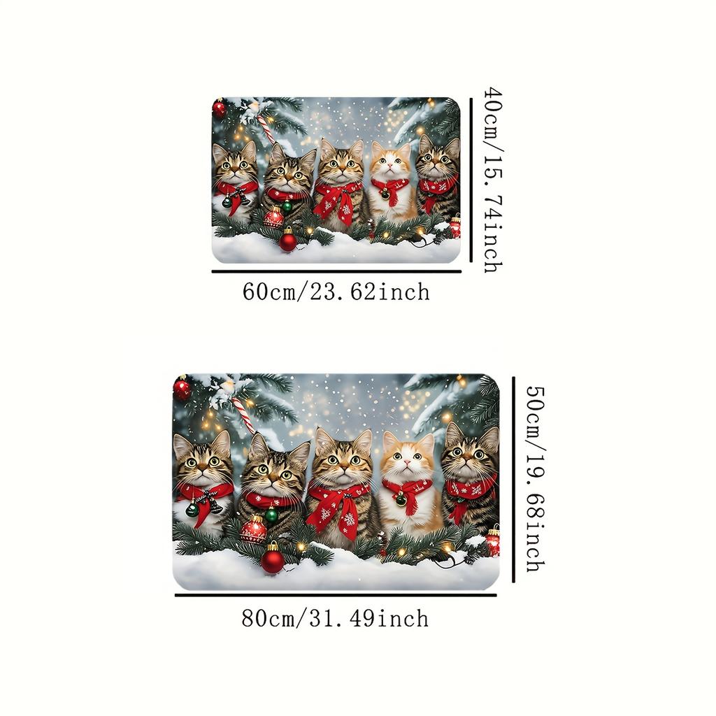 Christmas Doormat with 5 Cats In Red Scarves On Snowy Pine Branches, Festive Pet Lover Holiday Mat, Indoor  Non-Slip Welcome Rug