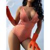 New one-piece large V-neck swimsuit women's striped backless swimsuit women's sexy fashion swimsuit