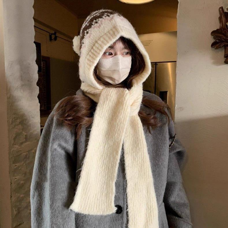 Winter limited sapphire blue~ retro witch hat versatile warm Lei Feng hat knitted hat scarf integrated big head circumference