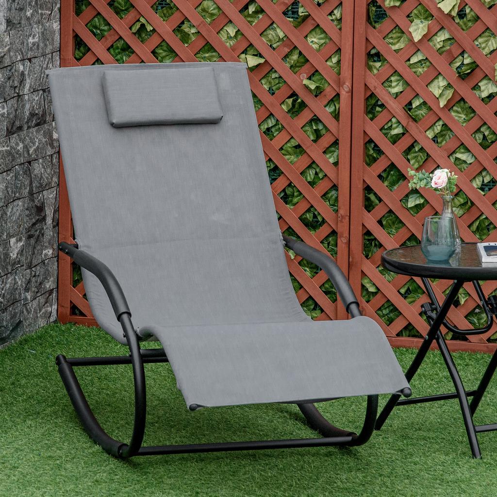 Ergonomic Rocking Lounge Chair Rocking Chair with Headrest Armrests Galvanized Metal Texteline Gray