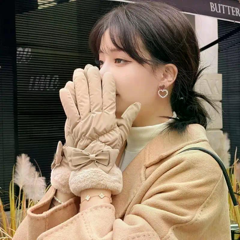 Ski Gloves Women Winter Fleece Thickened Warm Plush Cotton Waterproof Touch-Screen Gloves For Outdoor Riding Mountaineering