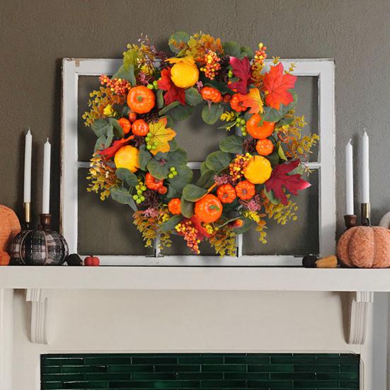 Fall Pumpkin Wreath Front Door Autumn Maple Leaf Harvest Realistic Simulation Wreath Indoor Outdoor Thanksgiving Home Decor