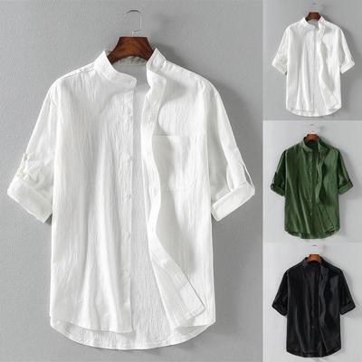 Men's Summer Stand-up Collar Linen Five-minute Sleeve Shirt Large Size Solid Color Loose Casual Tops