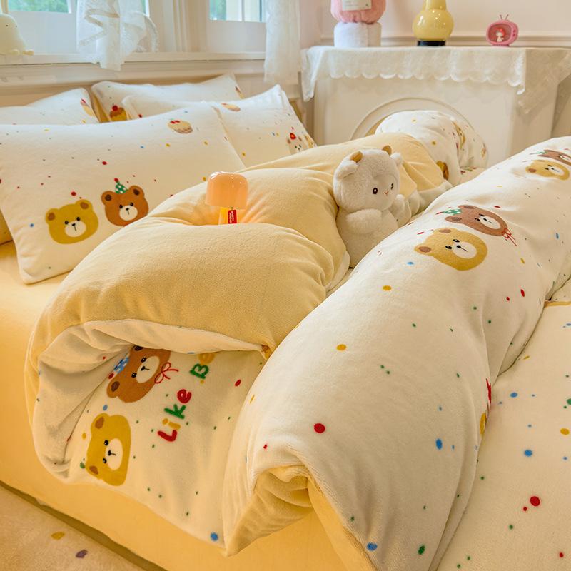 Thickened Milk Fleece Quilt Cover Single Piece Coral Fleece Quilt Cover Four-Piece Set Double-Sided Flannel Fleece