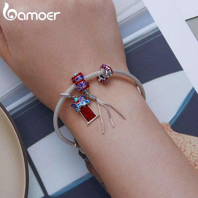 BAMOER 925 Sterling Silver Chinese New Year Series Red Enamel Lion Dancing Hanging Bead for Women Bracelet and Necklace