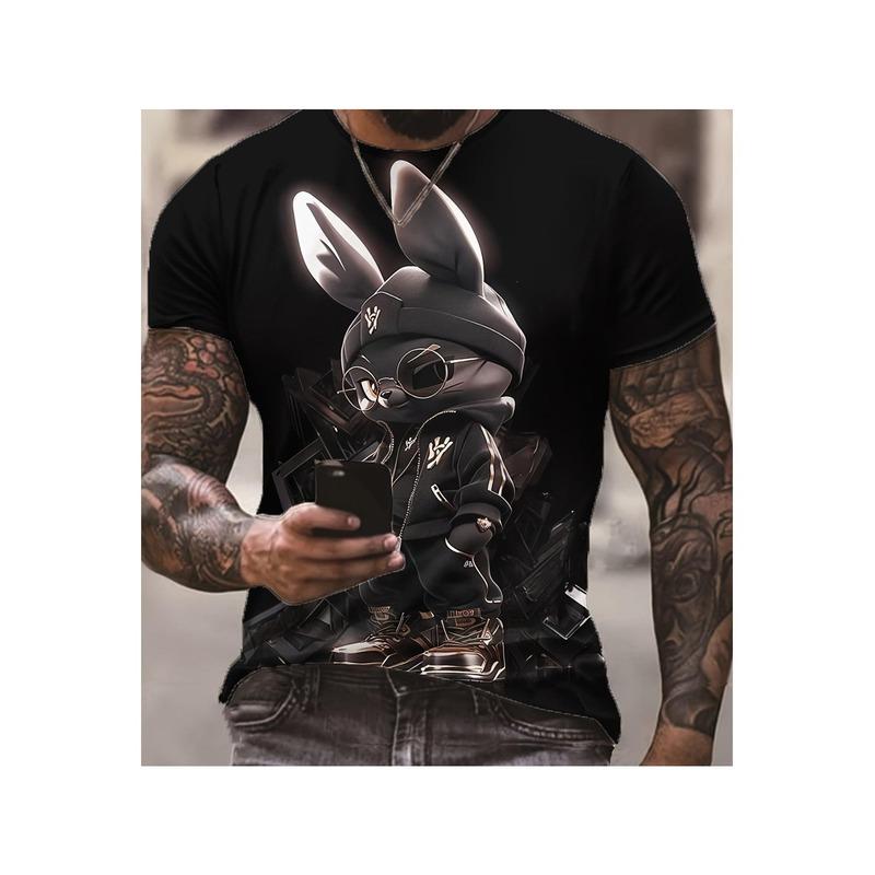 Men' S 3D Cool Rabbit Print T- Shirt, Casual Round Neck Short Sleeve Top, 100 Knitted Fabric, Easy Stretch, Regular Fit, Summer Streetwear- 180gsm