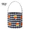 Reusable Candy Totes Halloween Bucket, Trick or Treat Basket for Kids Boys Girls, Plaid Pumpkin Autumn Scene Accessories Bat Ghost Tote Bag